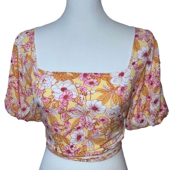 Altar’d State Boho Floral Puff Sleeve Square Neck Lace Up Back Crop Top Women M - Picture 4 of 11